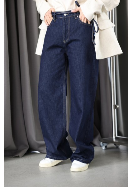 Beli Lastikli Kontrast Dikişli Jean