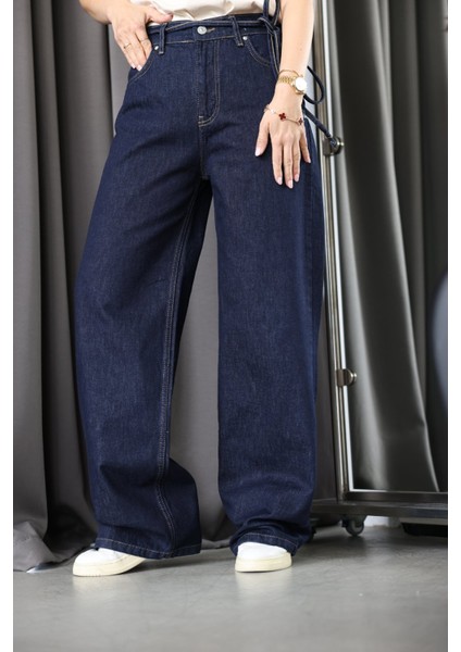 Beli Lastikli Kontrast Dikişli Jean