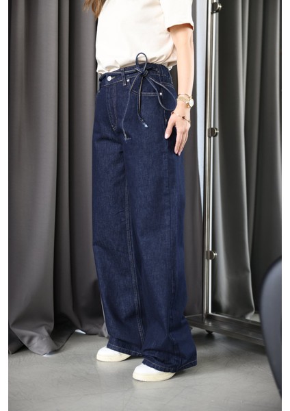 Beli Lastikli Kontrast Dikişli Jean