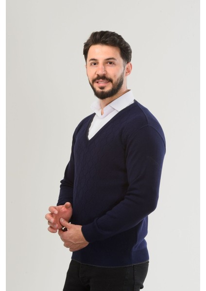 Haki Erkek V Yaka Triko Uzun Kol Standart Fit Tüylenmeyen Triko Kışlık Örgü Kazak