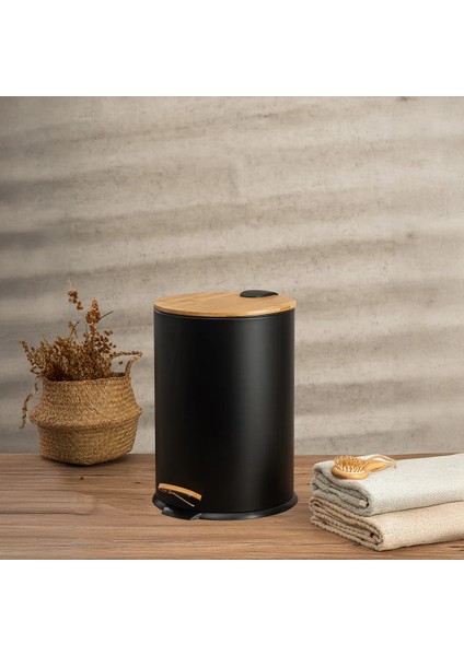 Bambu Kapaklı Pedallı Metal Çöp Kovası - 12 Lt