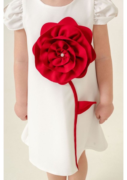 Gül Desenli A Kesim Kız Çocuk Kısa kol elbise - Beyaz modelleri