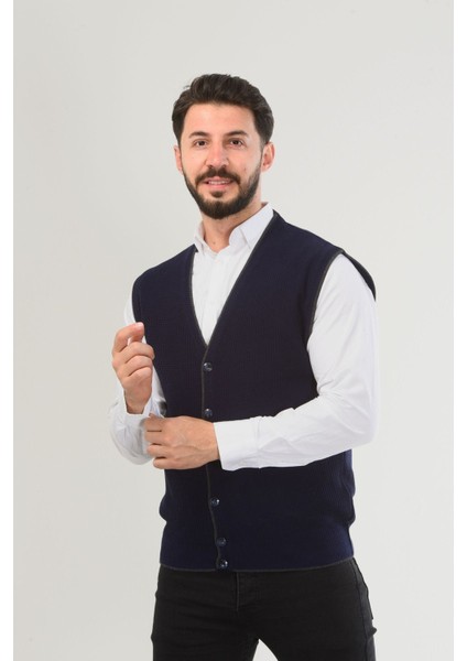 Gri Erkek V Yaka Triko Düğmeli Cepli Çizgi Desenli Regular Fit Tüylenmeyen Örgü Yelek