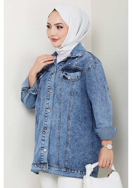 Elyez Taşlı Kot Ceket 1456 - Mavi