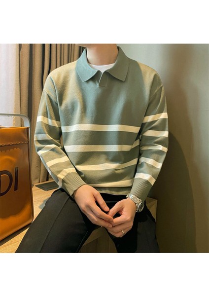 Çağla Erkek Polo Yaka Çizgili Cool Tarz Triko Kazak