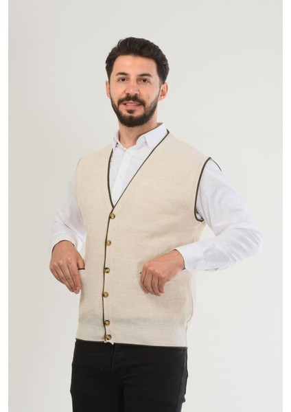 Gri Erkek V Yaka Triko Düğmeli Cepli Çizgi Desenli Regular Fit Tüylenmeyen Örgü Yelek