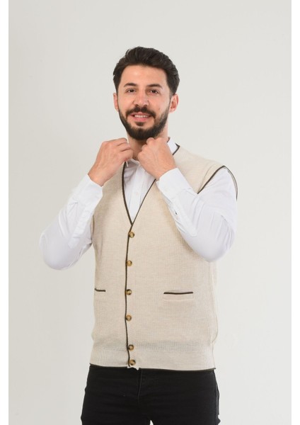 Gri Erkek V Yaka Triko Düğmeli Cepli Çizgi Desenli Regular Fit Tüylenmeyen Örgü Yelek