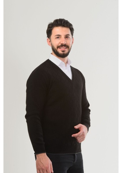 Haki Erkek V Yaka Triko Uzun Kol Standart Fit Tüylenmeyen Triko Kışlık Örgü Kazak