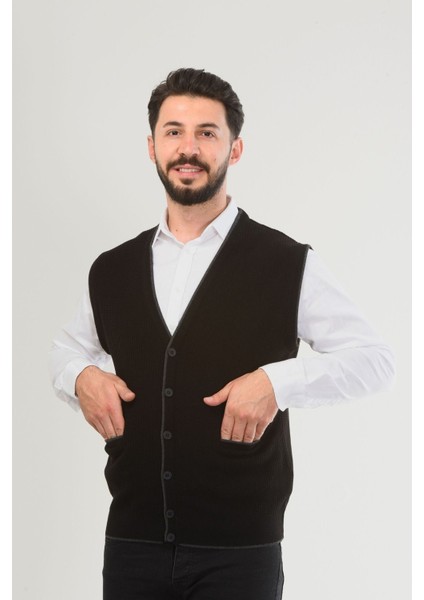 Gri Erkek V Yaka Triko Düğmeli Cepli Çizgi Desenli Regular Fit Tüylenmeyen Örgü Yelek