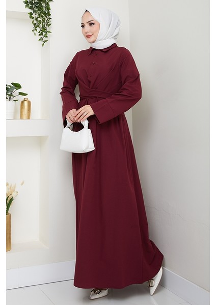 Renda Belden Bağlamalı Elbise 1467 - Bordo