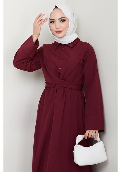 Renda Belden Bağlamalı Elbise 1467 - Bordo fırsatları