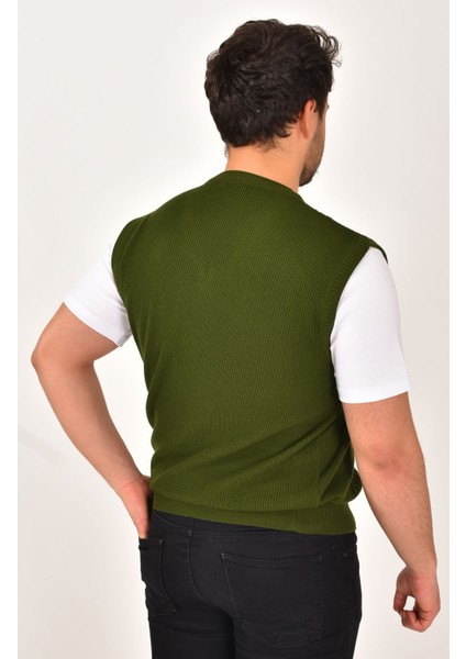 Haki Erkek V Yaka Triko Örgü Tüylenmez Süveter Oversize Saç Örgü Selanik Lüpen