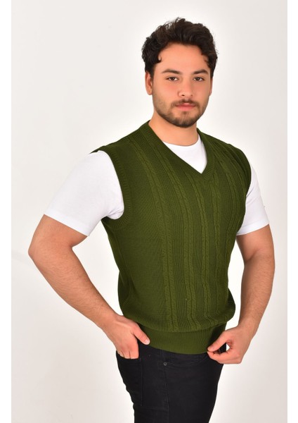 Haki Erkek V Yaka Triko Örgü Tüylenmez Süveter Oversize Saç Örgü Selanik Lüpen