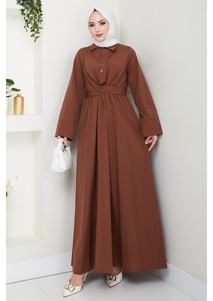 Renda Belden Bağlamalı Elbise 1467 - Acı Kahve