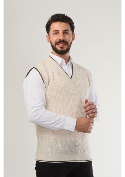 Erkek V Yaka Triko Örgü Tüylenmez Süveter Regular Fit Saç Örgü Linyis Desenli
