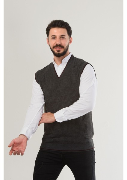 Erkek V Yaka Triko Örgü Tüylenmez Süveter Regular Fit Saç Örgü Linyis Desenli