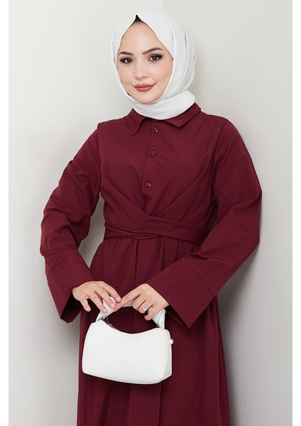 Renda Belden Bağlamalı Elbise 1467 - Bordo