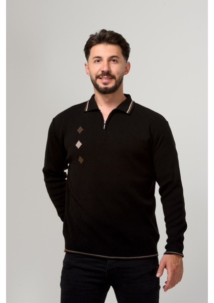 Erkek Çelik Örgü Intarsia Gofra Desen Fermuarlı Polo Yaka Tüylenmez Premium Triko Kışlık Baba Kazak