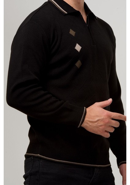 Erkek Çelik Örgü Intarsia Gofra Desen Fermuarlı Polo Yaka Tüylenmez Premium Triko Kışlık Baba Kazak