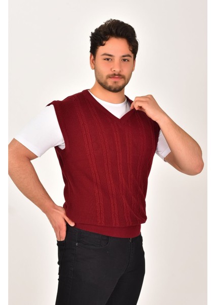 Haki Erkek V Yaka Triko Örgü Tüylenmez Süveter Oversize Saç Örgü Selanik Lüpen