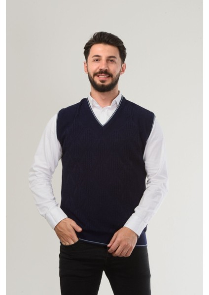 Erkek V Yaka Triko Örgü Tüylenmez Süveter Regular Fit Saç Örgü Linyis Desenli