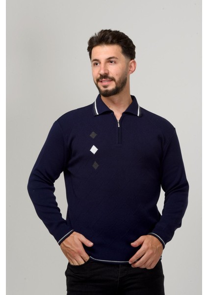 Erkek Çelik Örgü Intarsia Gofra Desen Fermuarlı Polo Yaka Tüylenmez Premium Triko Kışlık Baba Kazak