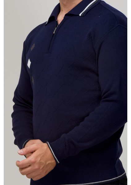 Erkek Çelik Örgü Intarsia Gofra Desen Fermuarlı Polo Yaka Tüylenmez Premium Triko Kışlık Baba Kazak