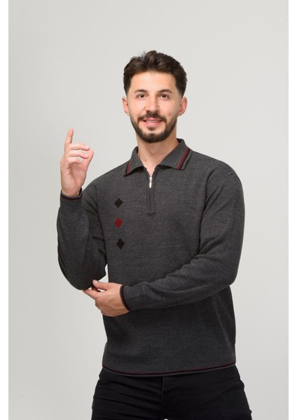 Erkek Çelik Örgü Intarsia Gofra Desen Fermuarlı Polo Yaka Tüylenmez Premium Triko Kışlık Baba Kazak
