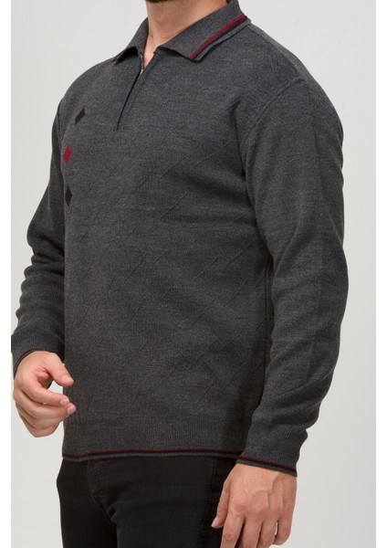 Erkek Çelik Örgü Intarsia Gofra Desen Fermuarlı Polo Yaka Tüylenmez Premium Triko Kışlık Baba Kazak