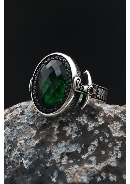 Erkek Yüzüğü 925 Ayar Gümüş Hz. Ali Zülfikar Kılıcı Yeşil Zirkon Taşlı Zirkon Taş Süslemeli 901781