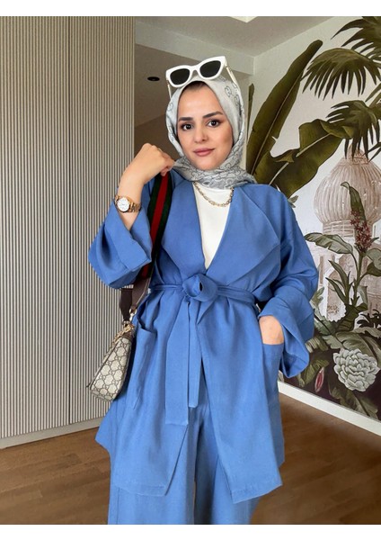 Ithal Dokuma Dökümlü Ceketli Kuşaklı Ikili Takım Mavi