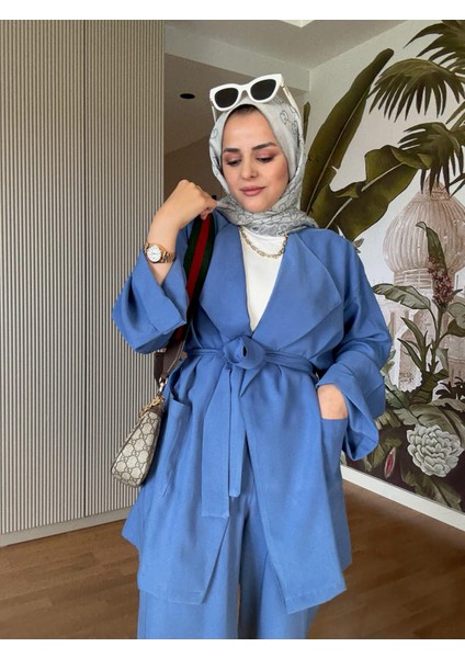 Ithal Dokuma Dökümlü Ceketli Kuşaklı Ikili Takım Mavi