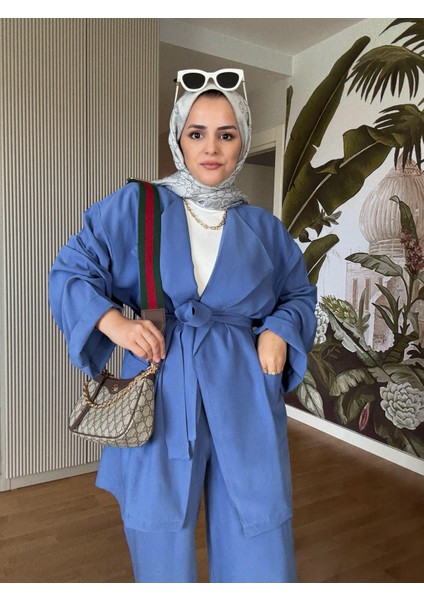 Ithal Dokuma Dökümlü Ceketli Kuşaklı Ikili Takım Mavi