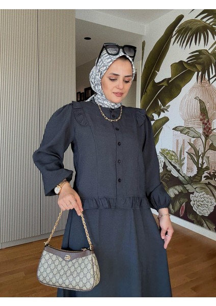 Pamuklu Fırfır Detaylı Yazlık Etekli Takım – Siyah