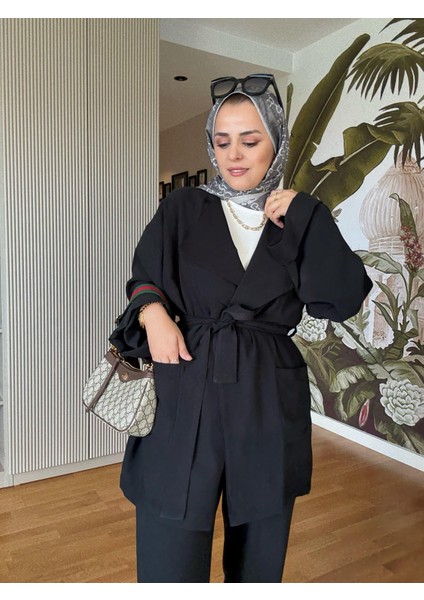Ithal Dokuma Dökümlü Ceketli Kuşaklı Ikili Takım Siyah