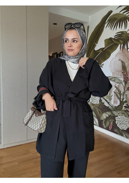 Ithal Dokuma Dökümlü Ceketli Kuşaklı Ikili Takım Siyah