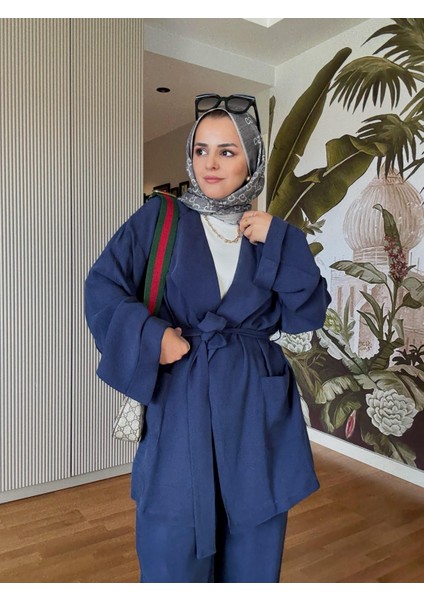 Ithal Dokuma Dökümlü Ceketli Kuşaklı Ikili Takım Lacivert