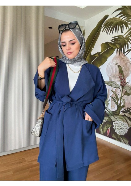 Ithal Dokuma Dökümlü Ceketli Kuşaklı Ikili Takım Lacivert