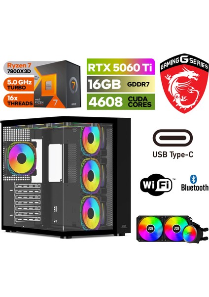 Gaming Pc Ddr5 – Rtx 5060Tİ 16 GB – Ryzen 7 7800X3D – 32GB – 64GB Ddr5 Ram – 1 Tb M.2 SSD – Windows 11 Pro – Sıvı Sogutmalı