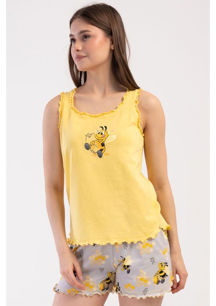 Kadın Kalın Askı Sarı Şortlu Pijama Takım C9T6N0O904
