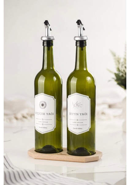 Bambu Standlı 2'li 750 ml Zeytinyağı & Sıvı Yağ Şişesi & Yağlık Sirkelik Seti (Damlatmaz)
