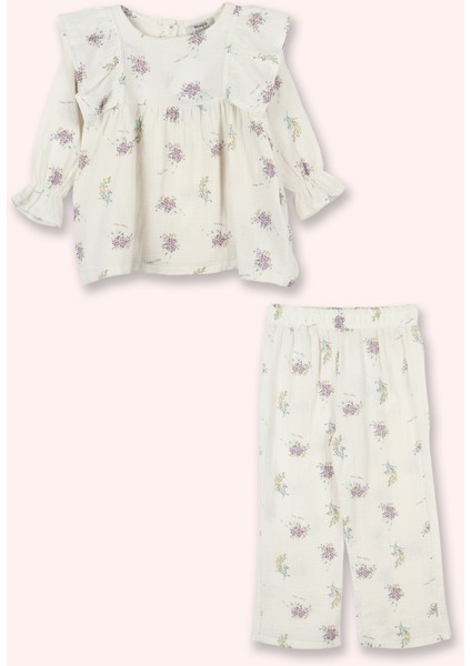Kız Çocuk Çiçek Desenli Ekru Takım