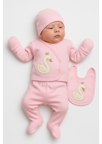 Yenidoğan Kız Bebek 5 Parça Hastane Çıkışı – Kuğu Desenli, Pembe Renkli, %100 Pamuklu Konforlu Takım