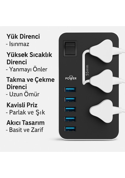 Uzatma Kablosu 6 USB 3 Priz Girişli Aşırı Gerilim Koruyuculu Güç Şeridi fiyatları