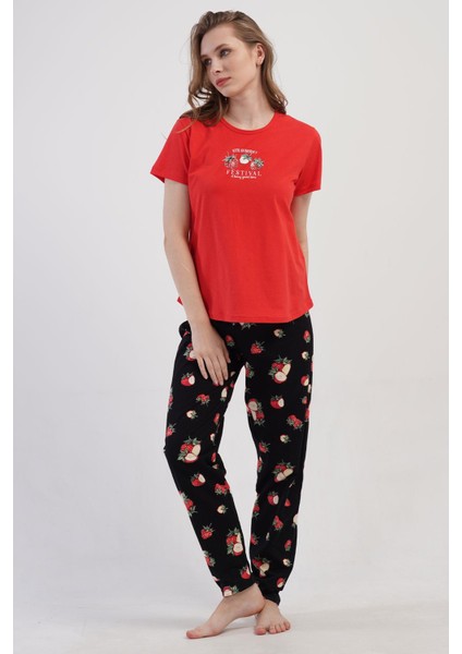 Kadın Büyük Beden Kısa Kol Kırmızı Pijama Takımı C6T9N0O904