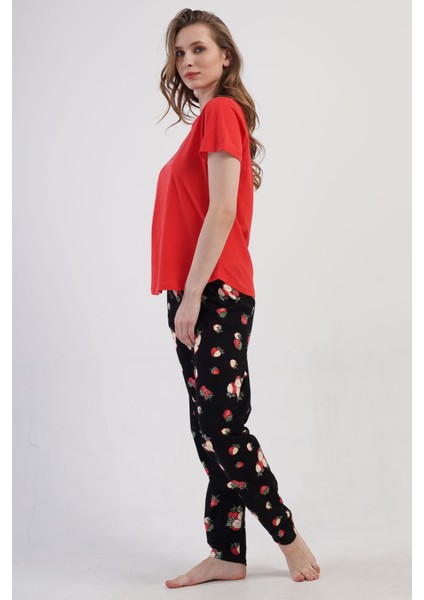 Kadın Büyük Beden Kısa Kol Kırmızı Pijama Takımı C6T9N0O904