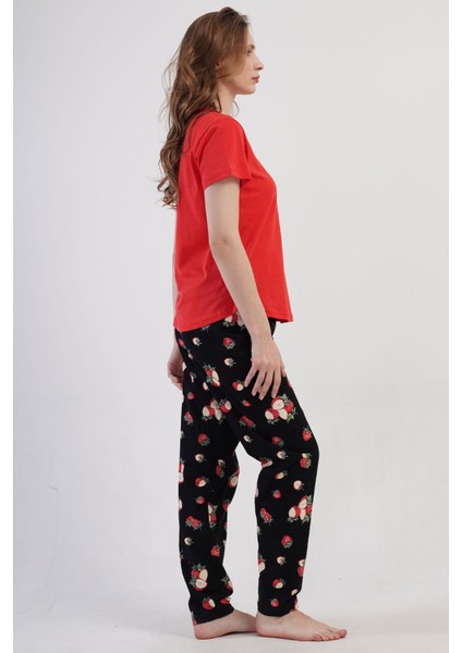 Kadın Büyük Beden Kısa Kol Kırmızı Pijama Takımı C6T9N0O904