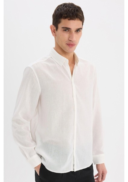 Regular Fit Polo Yaka Keten Görünümlü Uzun Kollu Beyaz Gömlek E1204AX25SM modelleri