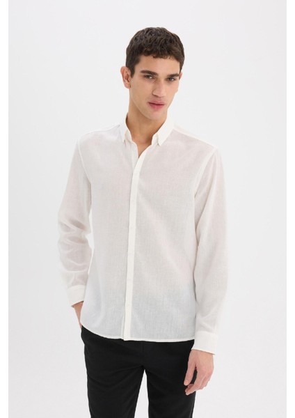 Regular Fit Polo Yaka Keten Görünümlü Uzun Kollu Beyaz Gömlek E1204AX25SM indirimleri