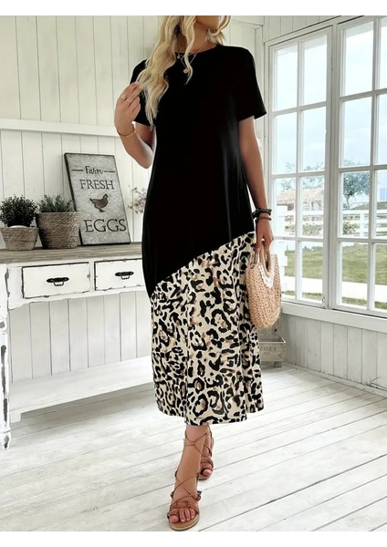 Kadın Kısa Kollu Bisiklet Yaka Leopar Detaylı Midi Üst Viskon Alt Süprem Elbise indirimleri